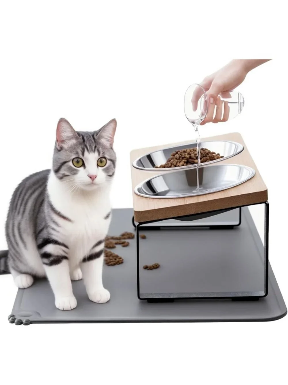 Elevated Cat Bowls with Food Mat - Anti-Vomiting Tilted Stand & 2 Stainless